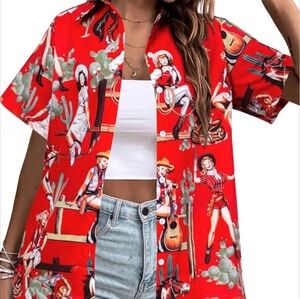 Retro Red Western Cowgirl Print Women's Short Sleeve Shirt